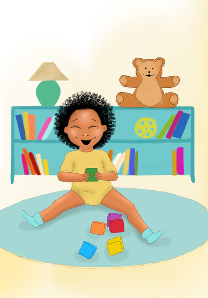 A young child smiling and playing with colored blocks