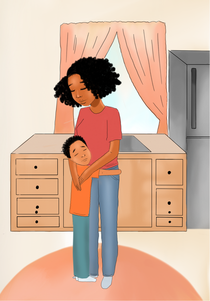 Illustration of a mother holding her son in a warm kitchen scene from NINE: The Story of Tony