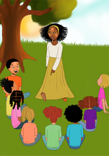 A teacher reading to children seated under a tree
